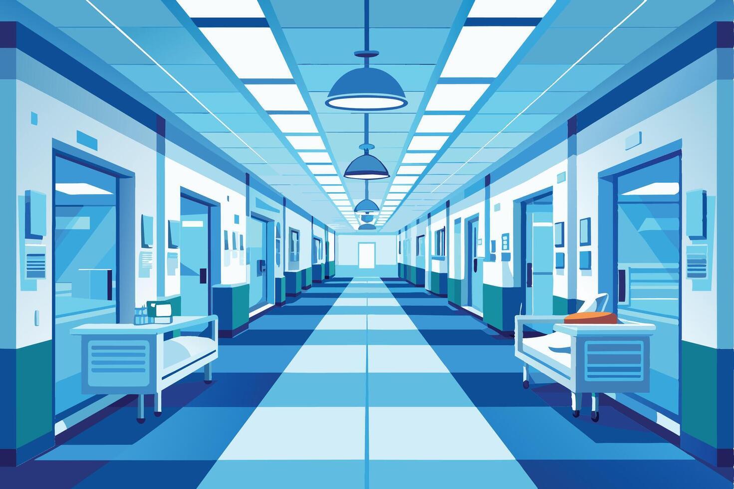 An illustration of a hospital hallway with bright lights and medical equipment. vector