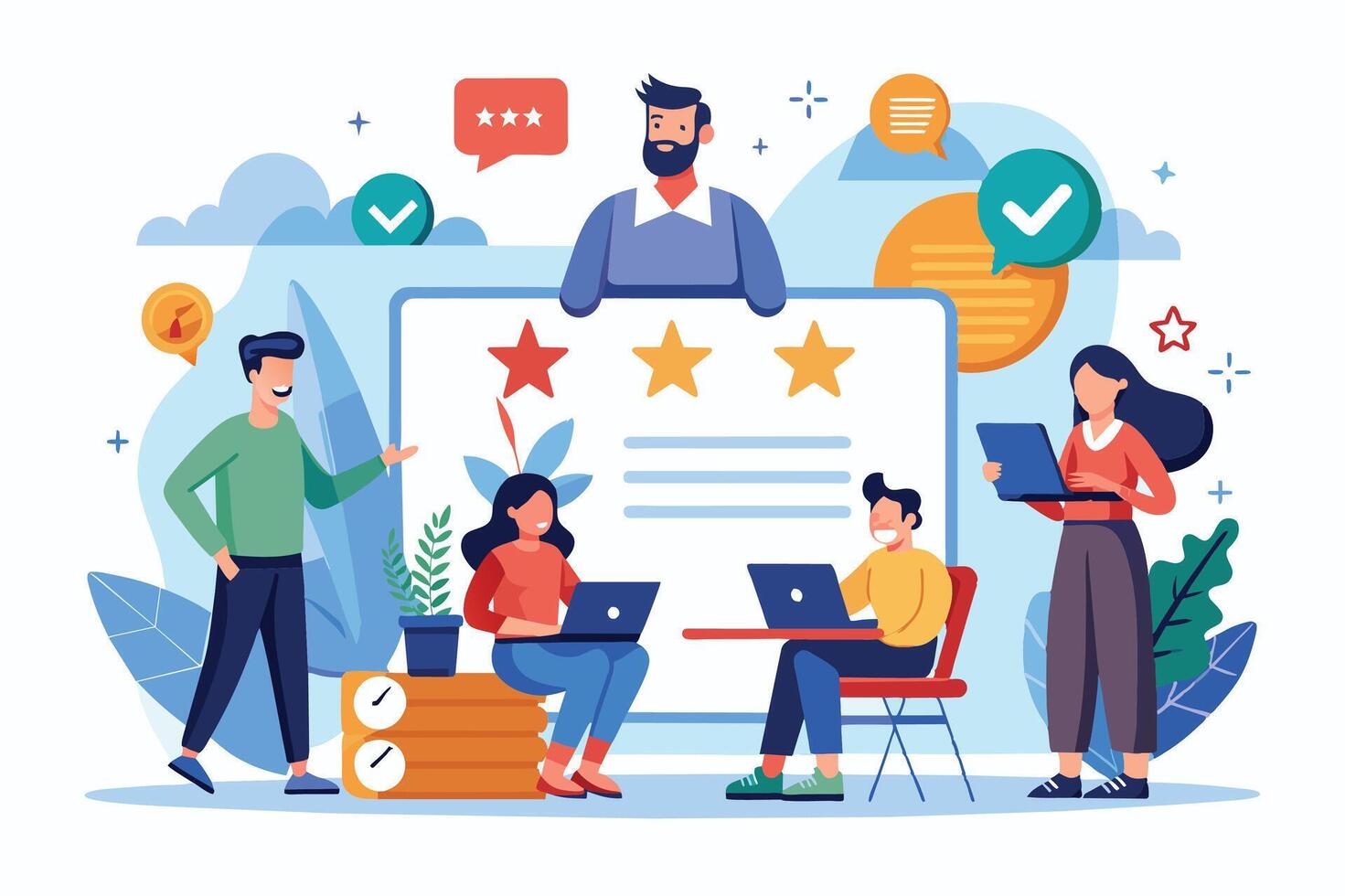 An illustration of a team working together on a project, with a large whiteboard displaying three stars indicating high customer ratings and positive feedback. vector