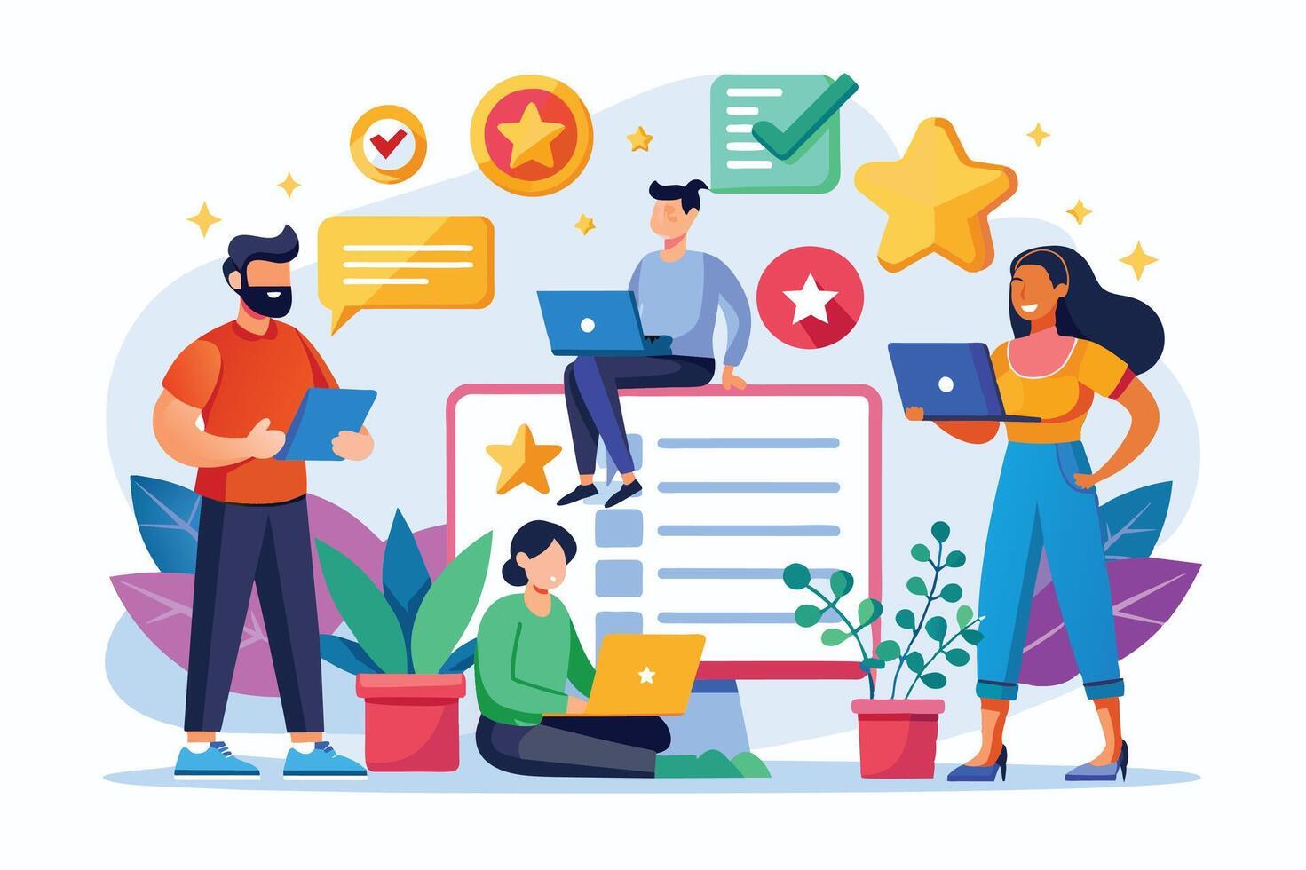 An illustration of a team working together on a survey with a large computer screen showing a checklist and feedback stars. vector