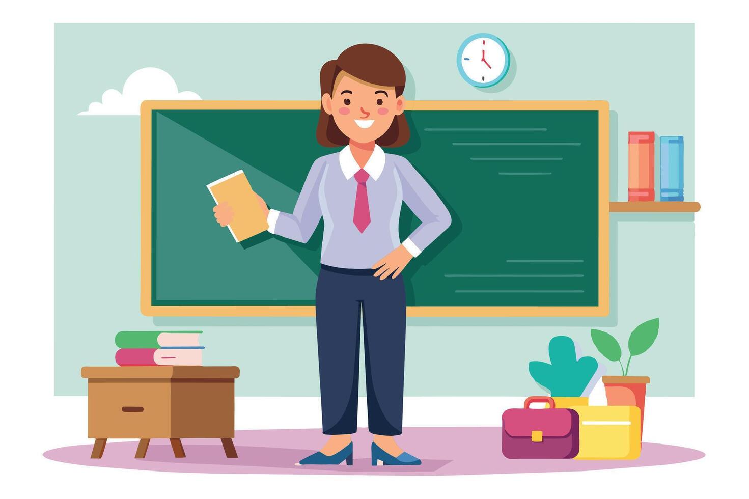 An illustration of a smiling female teacher holding a book, standing in front of a chalkboard in a classroom. vector