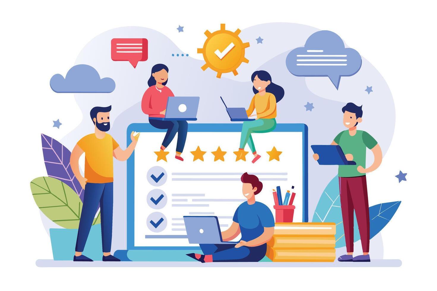 A colorful illustration depicts a team of individuals using laptops to provide feedback and reviews online, emphasizing collaboration and positive customer experiences. vector
