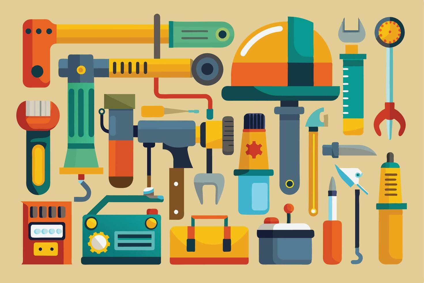 An illustration featuring various tools and equipment in a flat design style, showcasing a colorful and diverse range of tools for various tasks. vector