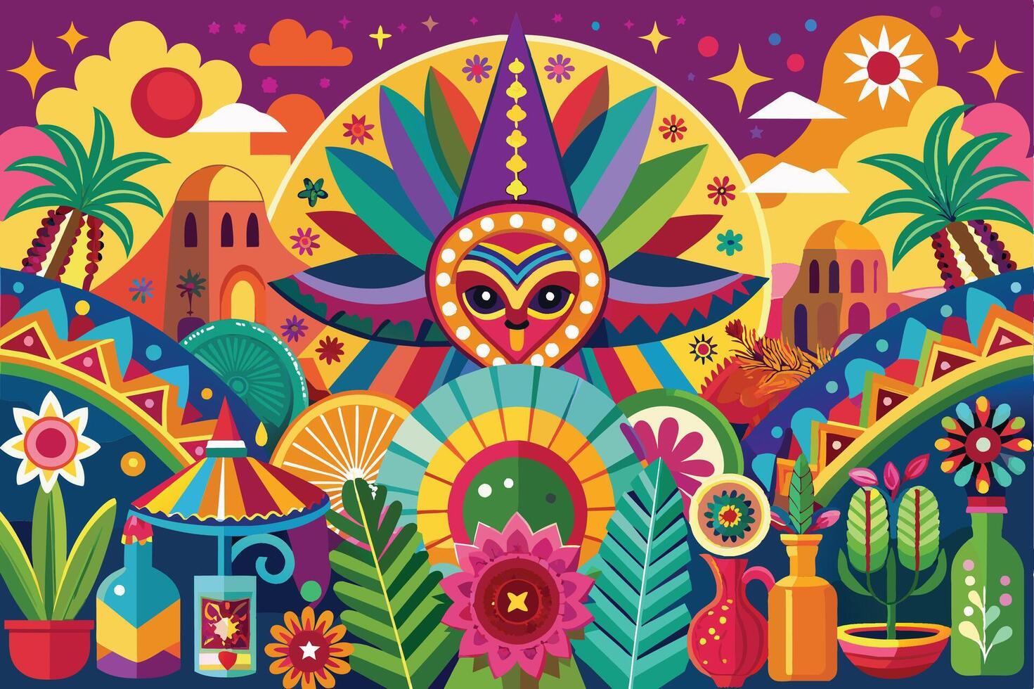 A colorful and vibrant illustration with a masked figure at its center surrounded by tropical plants, flowers, and a stylized cityscape. The background features a sun, clouds, and stars. vector