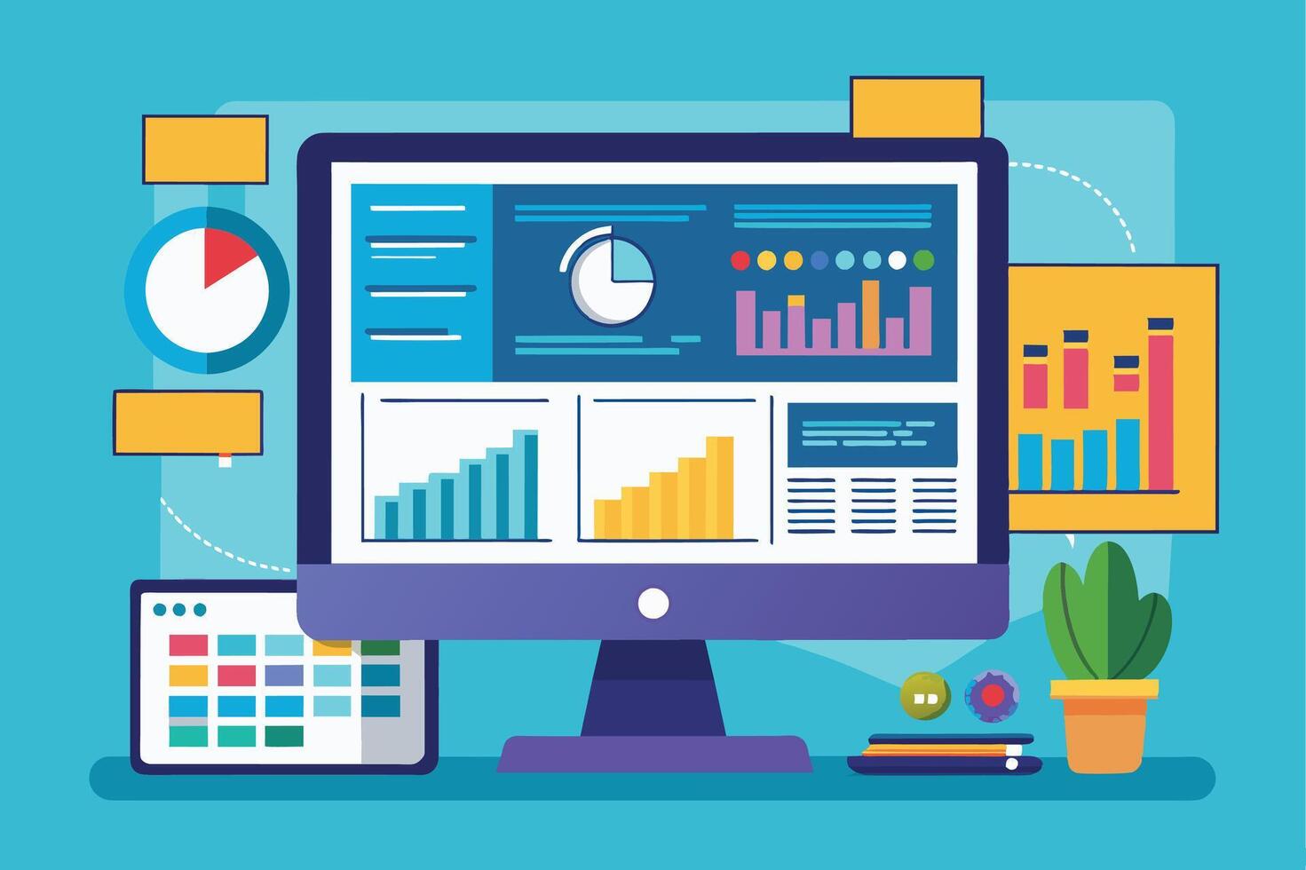 A computer screen displays various data charts and graphs, including bar graphs, line graphs, and pie charts, illustrating a digital analytics dashboard. vector