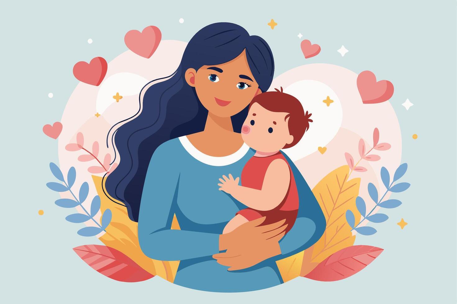 A smiling mother with long dark hair holds a baby in her arms, surrounded by hearts and leaves. vector