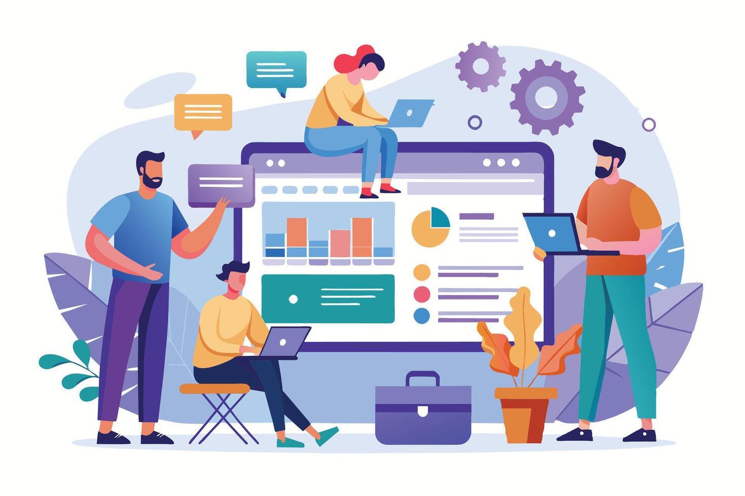 A team of four people collaborate on a website analytics dashboard, analyzing charts, graphs, and data. vector