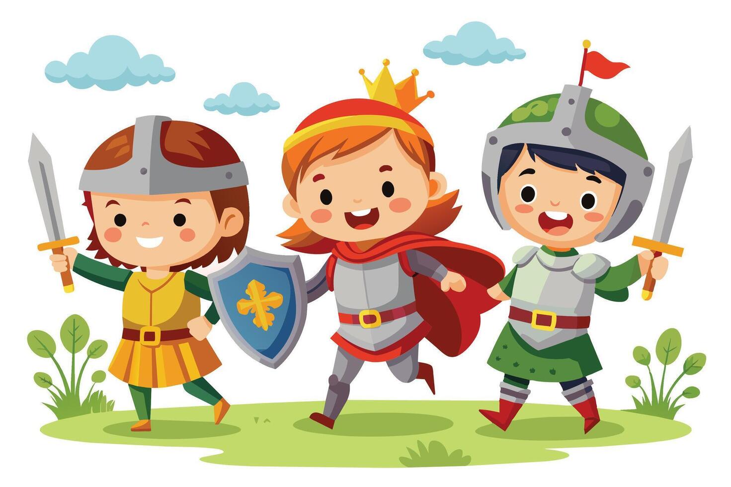 A digital illustration of three children dressed as knights, with a sword and shield, playing in a grassy field with a blue sky. vector