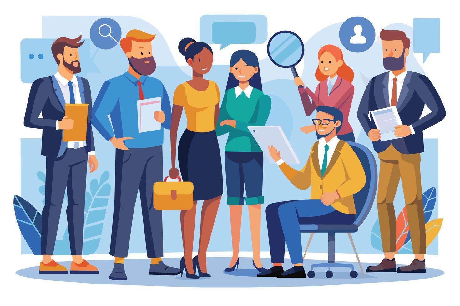 A diverse group of business professionals work together on a project, using a tablet, a magnifying glass, and other office tools. vector