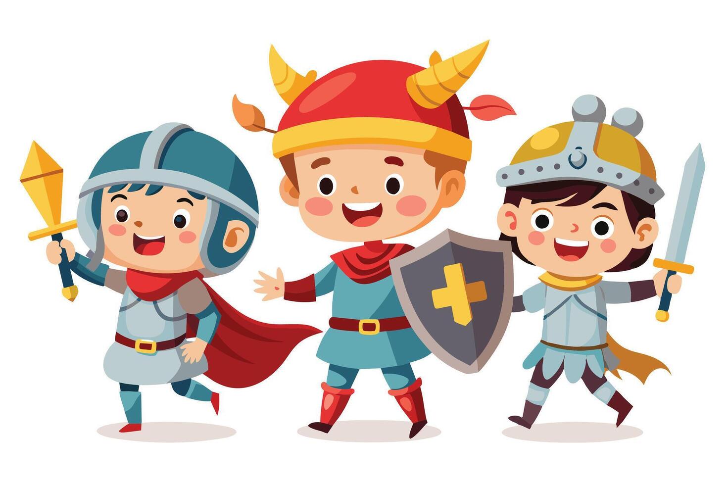Three children are depicted as knights in a cartoon illustration. They are smiling and holding swords and shields. The illustration is bright and colorful. vector