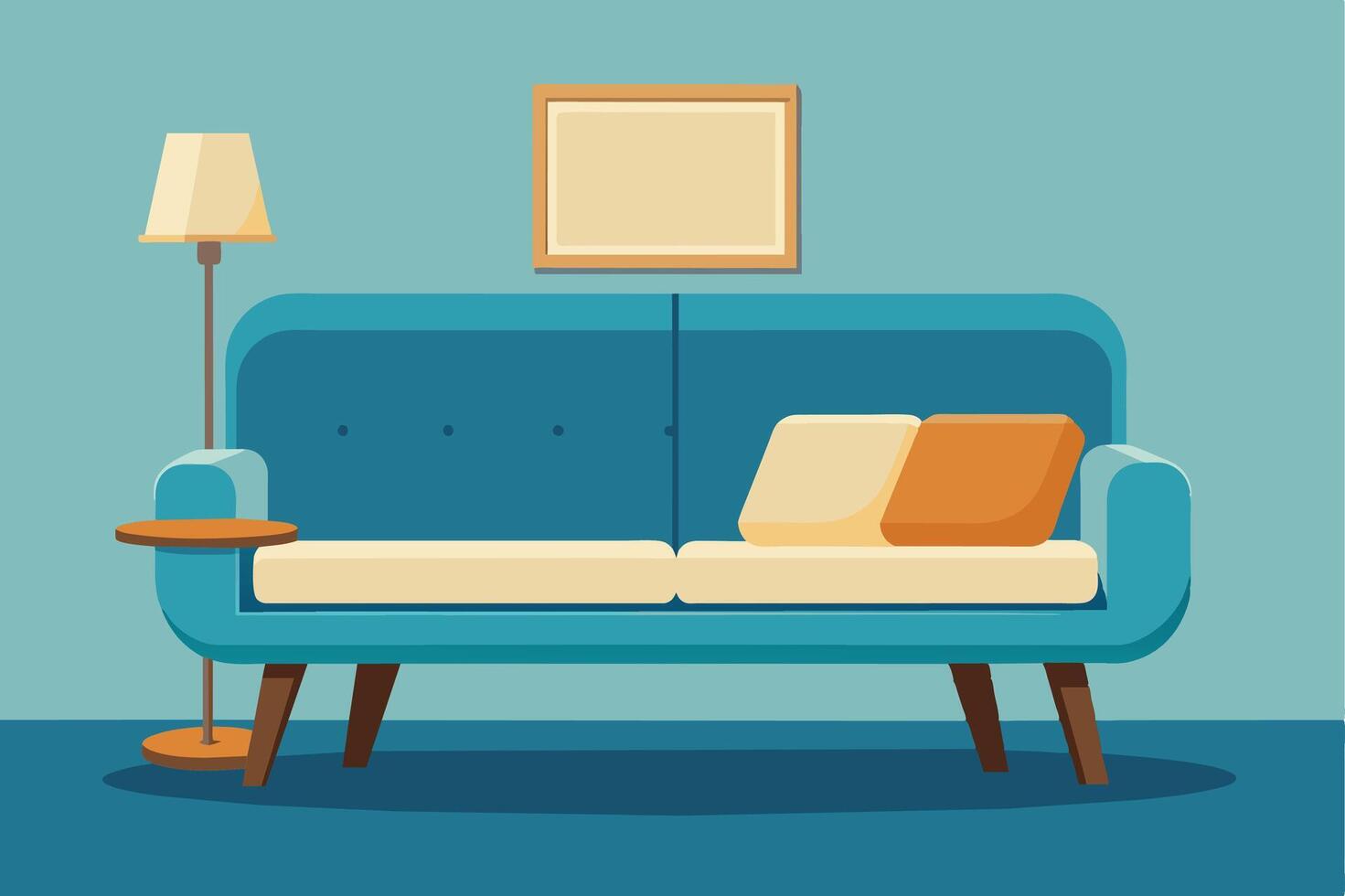 A blue sofa with white and orange pillows is positioned in a room with a floor lamp and a rectangular picture frame hanging on the wall. vector