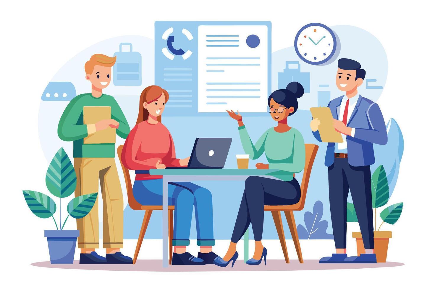 A diverse team of four people have a casual meeting around a table with a laptop and documents, one of the people is making a point. vector