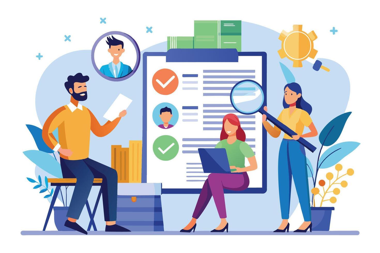 Illustration depicting a team of professionals reviewing candidate resumes and applications for a job opening, carefully analyzing qualifications. vector