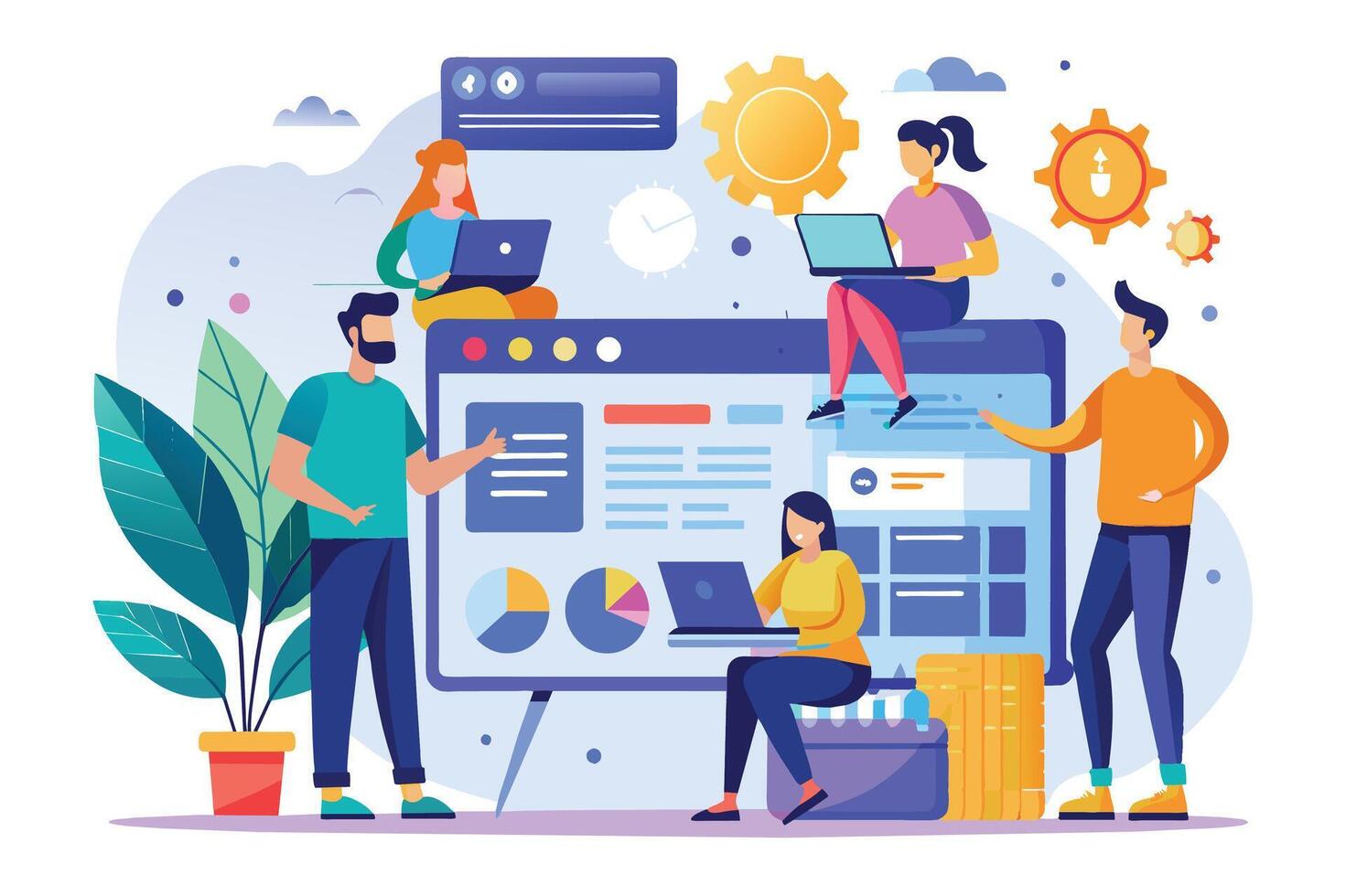 Illustration of a website design team collaborating on a project, giving feedback and input on design and functionality. vector