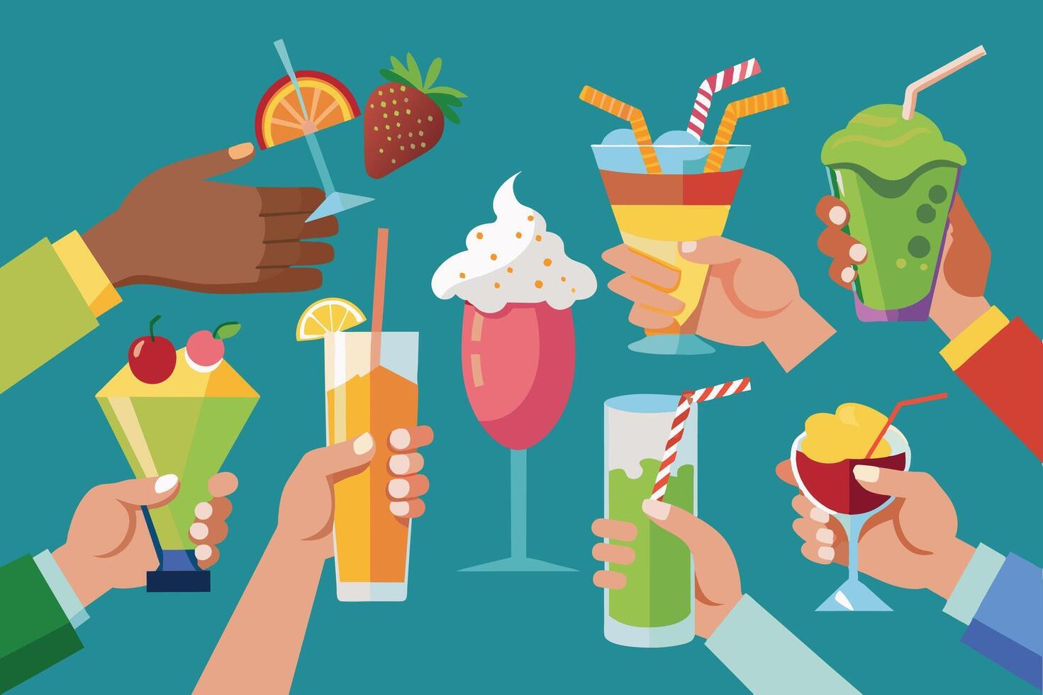 An illustration of eight hands holding colorful cocktails, featuring a variety of styles, toppings, and garnishes. vector
