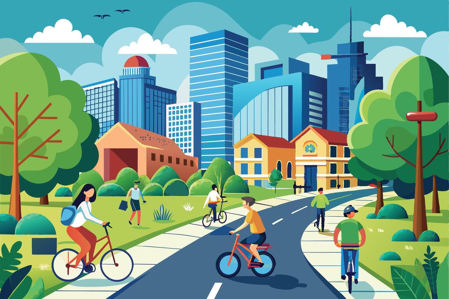 An illustration of people biking on a paved road in a city park. Green trees and buildings surround them. The sky is blue and there are white clouds. vector