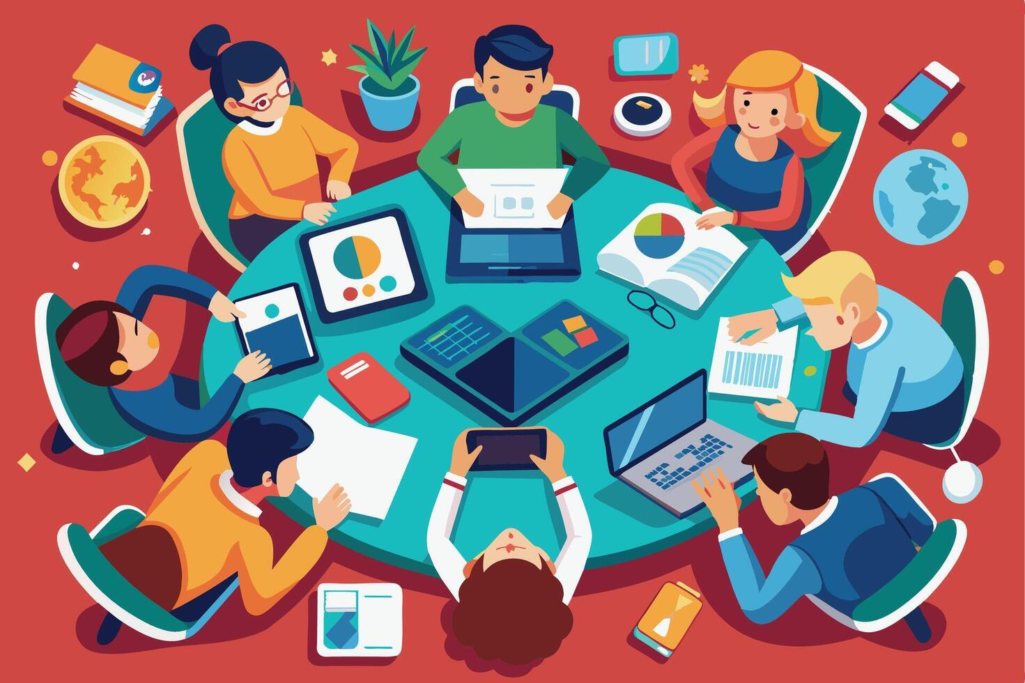 An illustration of a diverse group of people working together around a table, using various digital devices, paper documents, and other tools. vector
