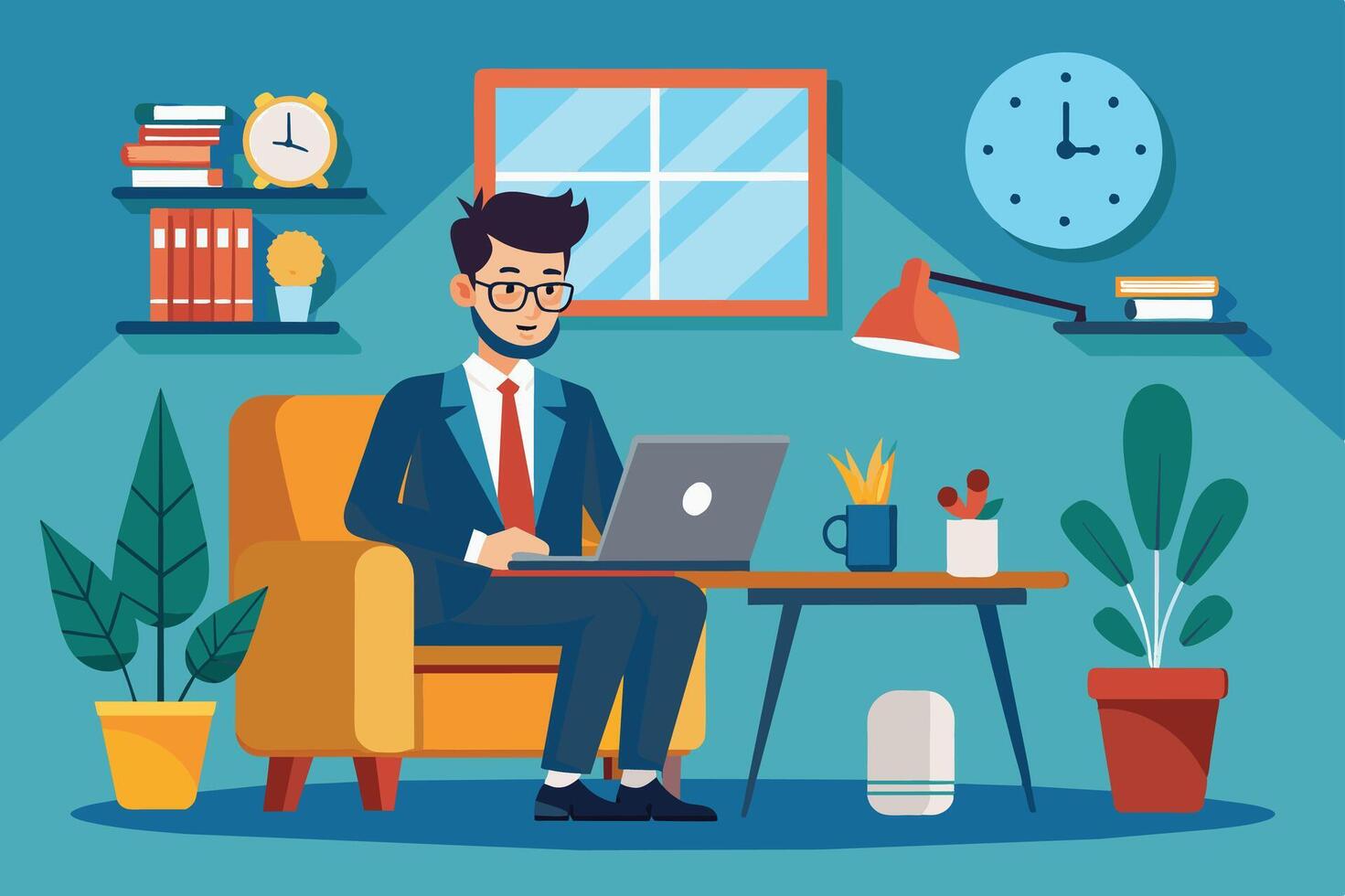 An illustration of a man wearing a suit and glasses working on a laptop in a home office setting. The room features a desk with a lamp, potted plants, and bookshelves with books. vector
