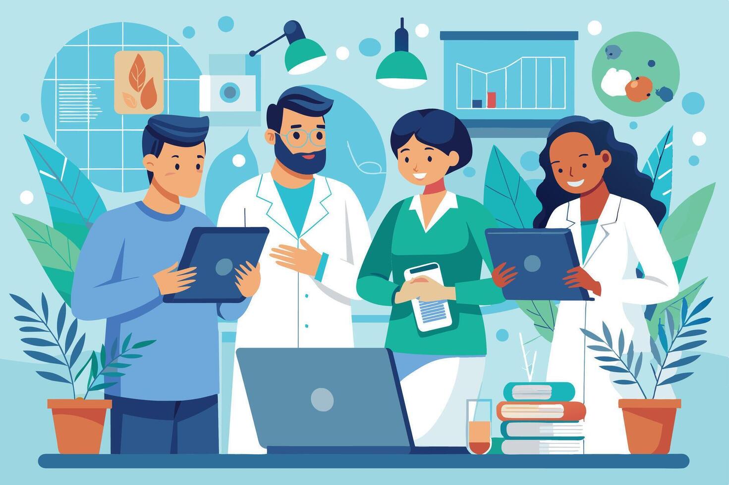 A diverse team of scientists, including a man and two women, collaborate in a modern laboratory setting, using tablets and a laptop to analyze data and discuss research. vector