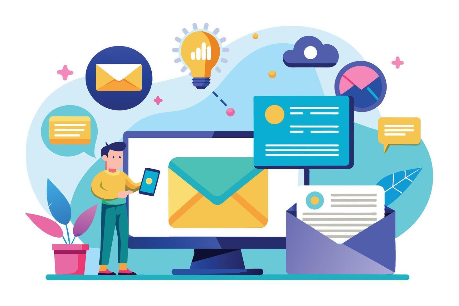 An illustration depicting a man using his computer and phone to send email messages, with various icons representing the tools and elements of digital communication. vector