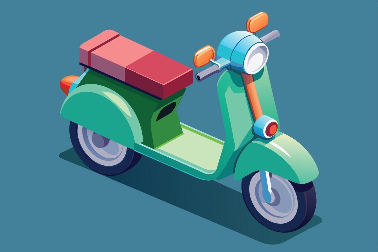 A digital illustration of a green scooter with a red seat and orange mirrors. The scooter is viewed from an isometric perspective. vector