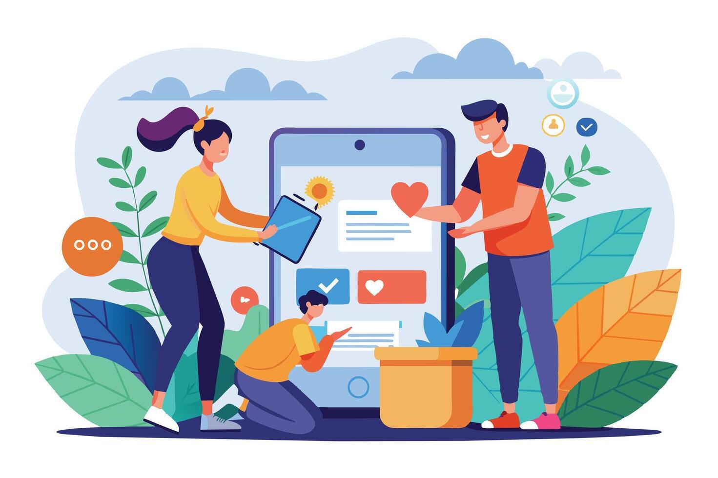 Illustration depicting three people collaborating on a mobile app design. They are working on the user interface, including elements like buttons, icons, and forms. vector