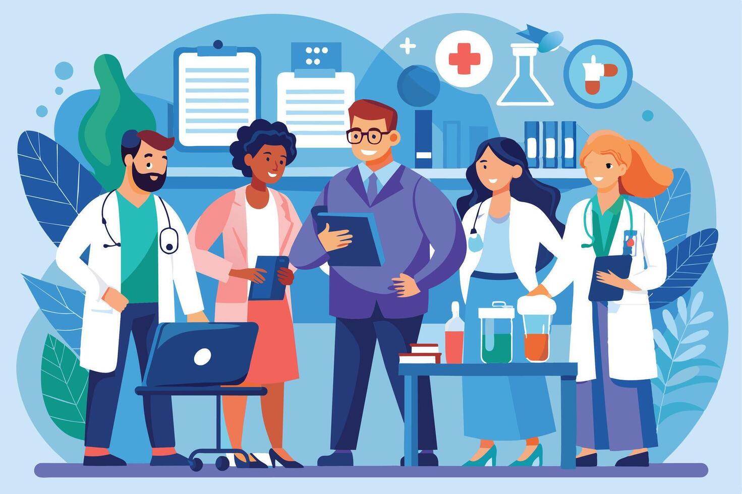 A varied team of medics, in lab coats, analyze research data on a tablet in a colorful lab. They exude confidence and professionalism. vector