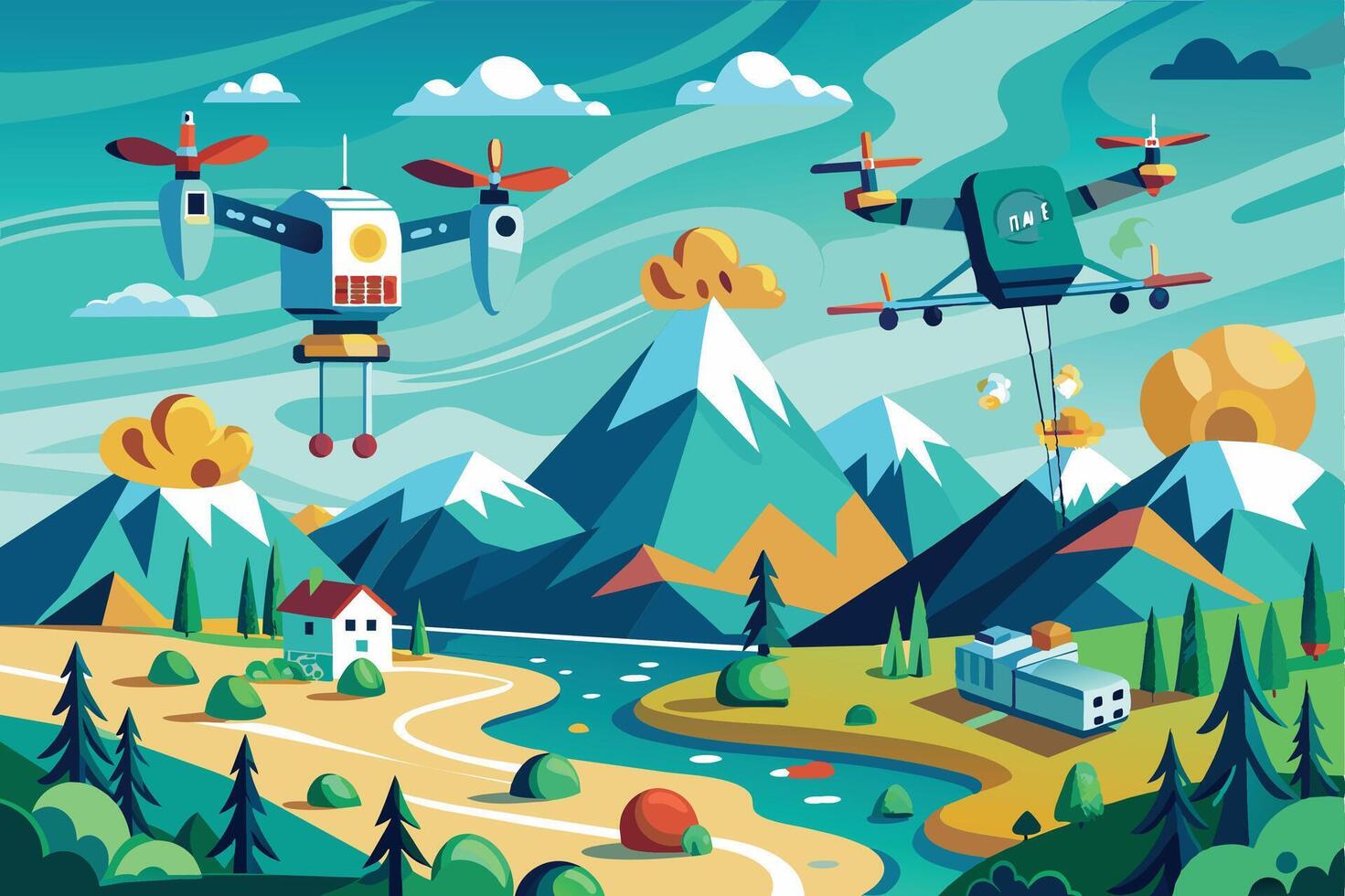 A digital illustration featuring two drones flying over a scenic mountainous landscape with a winding river, lush greenery, and a small house. vector