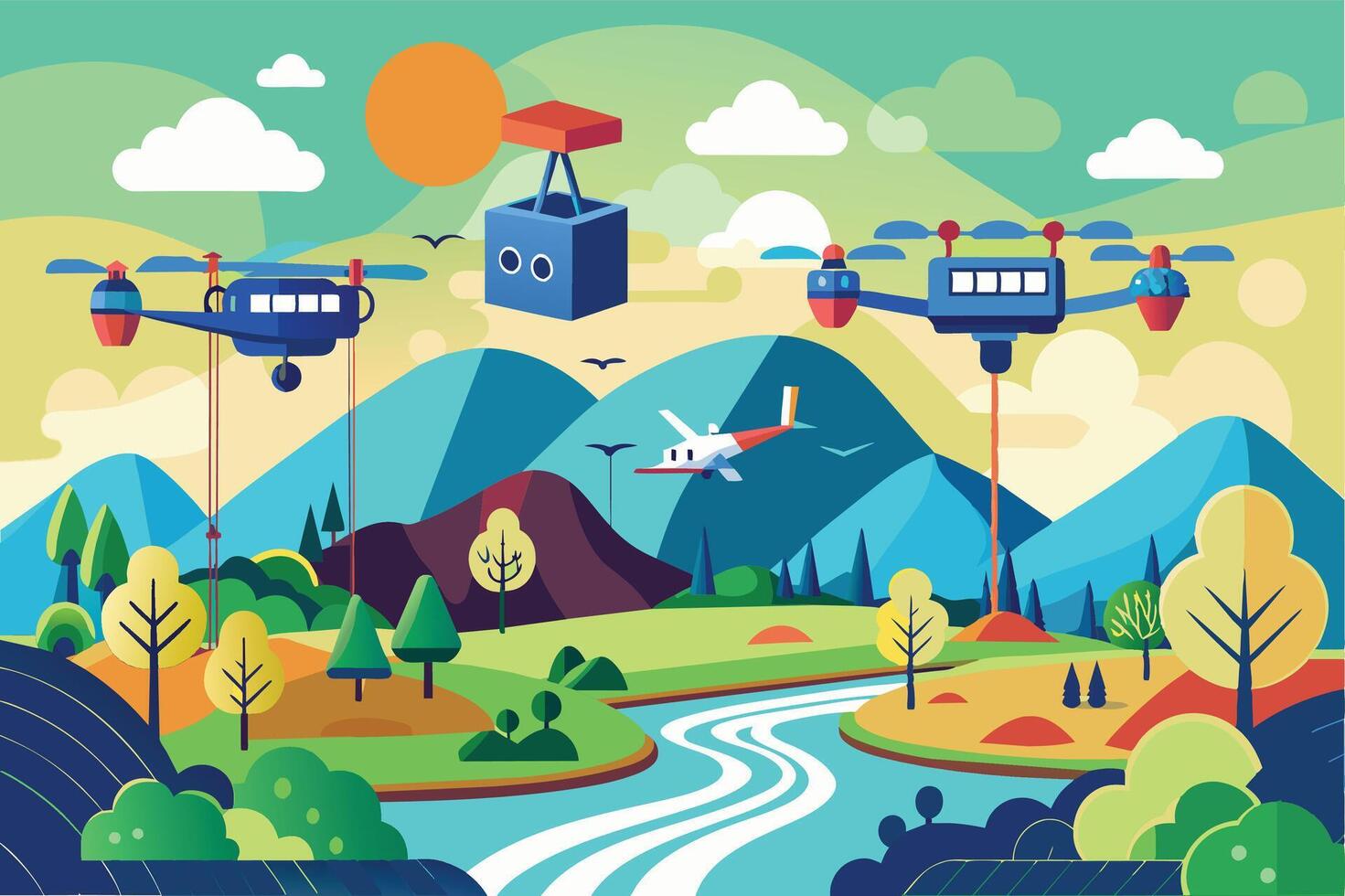 A colorful illustration depicting drones delivering packages over a picturesque landscape with mountains, a river, and trees. vector