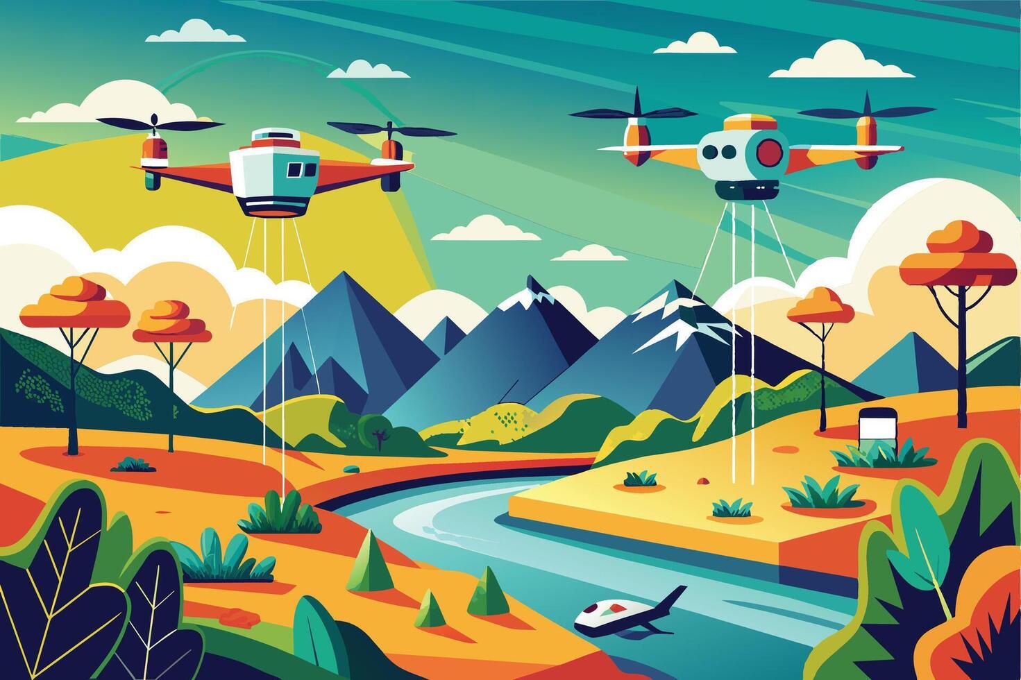 A vibrant illustration depicting two drones flying above a mountain range. The scene features a winding river, trees, and a peaceful valley, painted in a colorful and stylized manner. vector