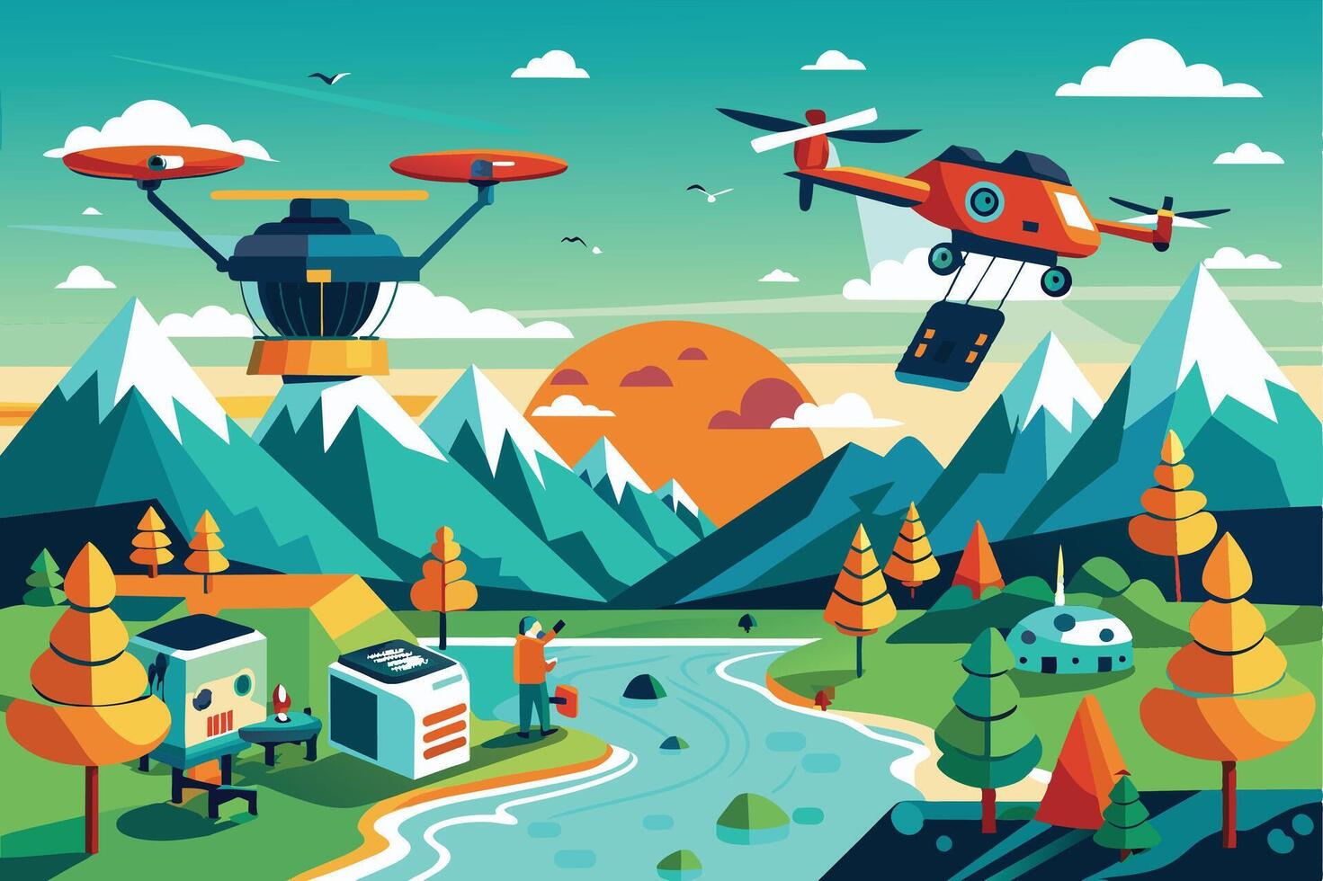 An illustration shows two drones flying over mountains at sunset, carrying packages. It portrays a peaceful scene highlighting natures beauty. vector
