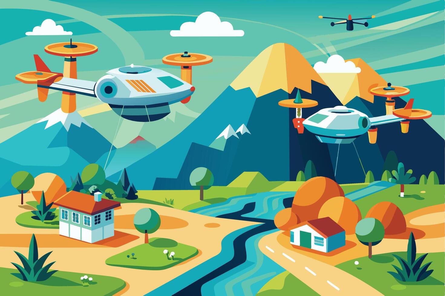 A cartoon illustration featuring three drones flying over a colorful landscape with mountains, rivers, trees, and two houses. vector
