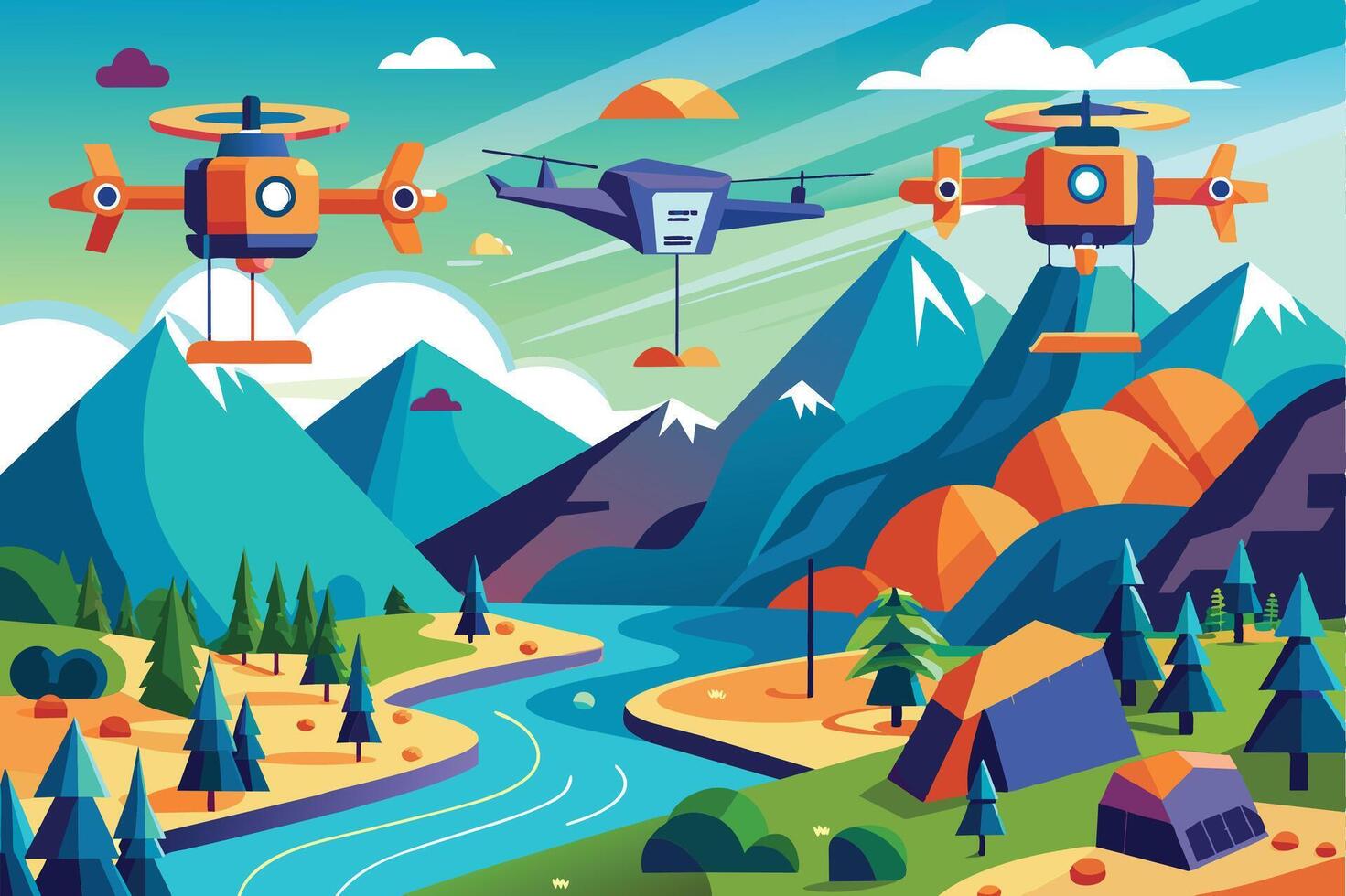 An illustration depicting three drones flying over a landscape with mountains, a river, and tents. vector