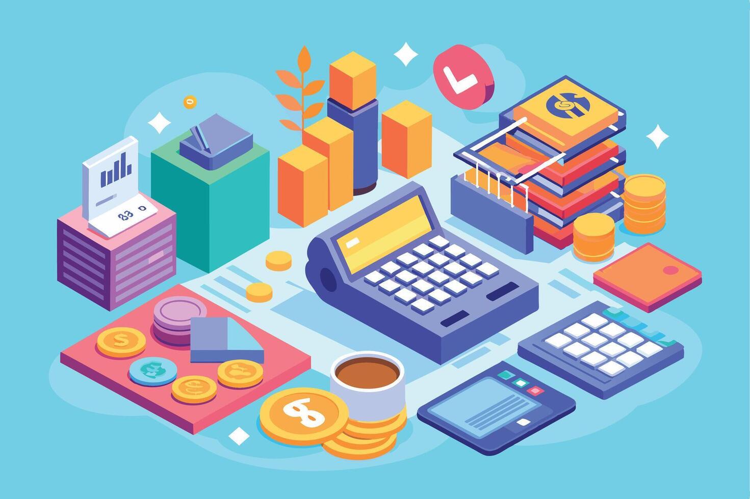 An illustration depicting the essential tools for modern business financial management, including a cash register, calculator, charts, and money. vector
