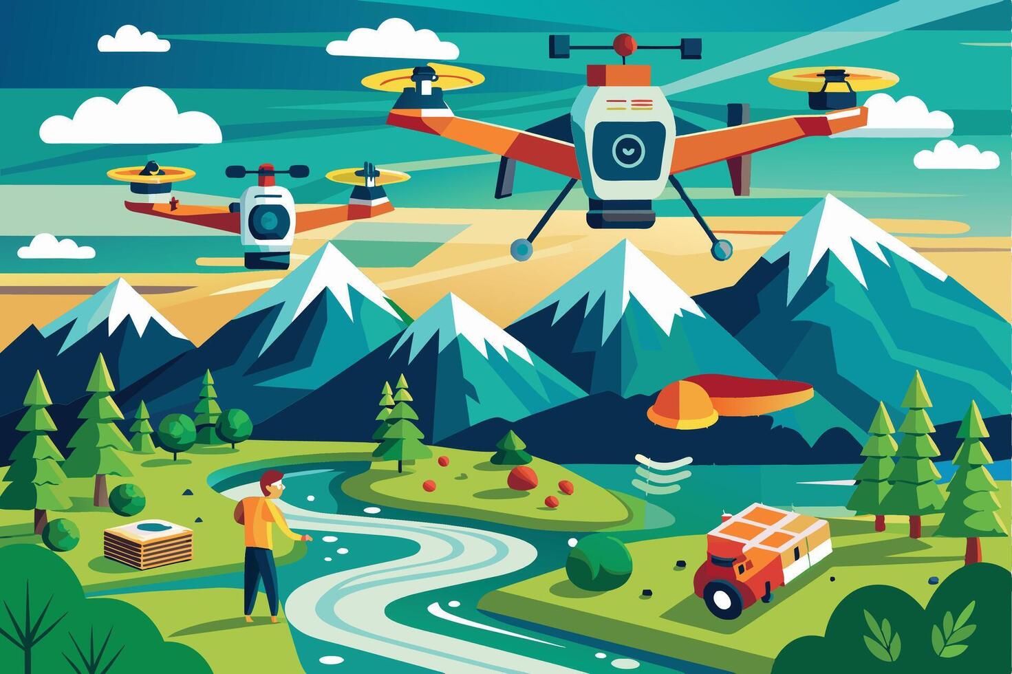 A drone flies over a picturesque mountain landscape with a river winding through the valleys. A person stands on the riverbank, suggesting a delivery or monitoring service. vector