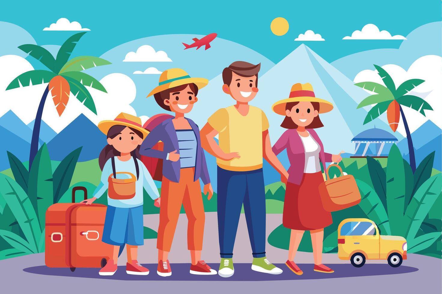 A family of four, dressed for a tropical vacation, stands together, ready to begin their adventure. They are smiling and looking excited to explore their new destination. vector