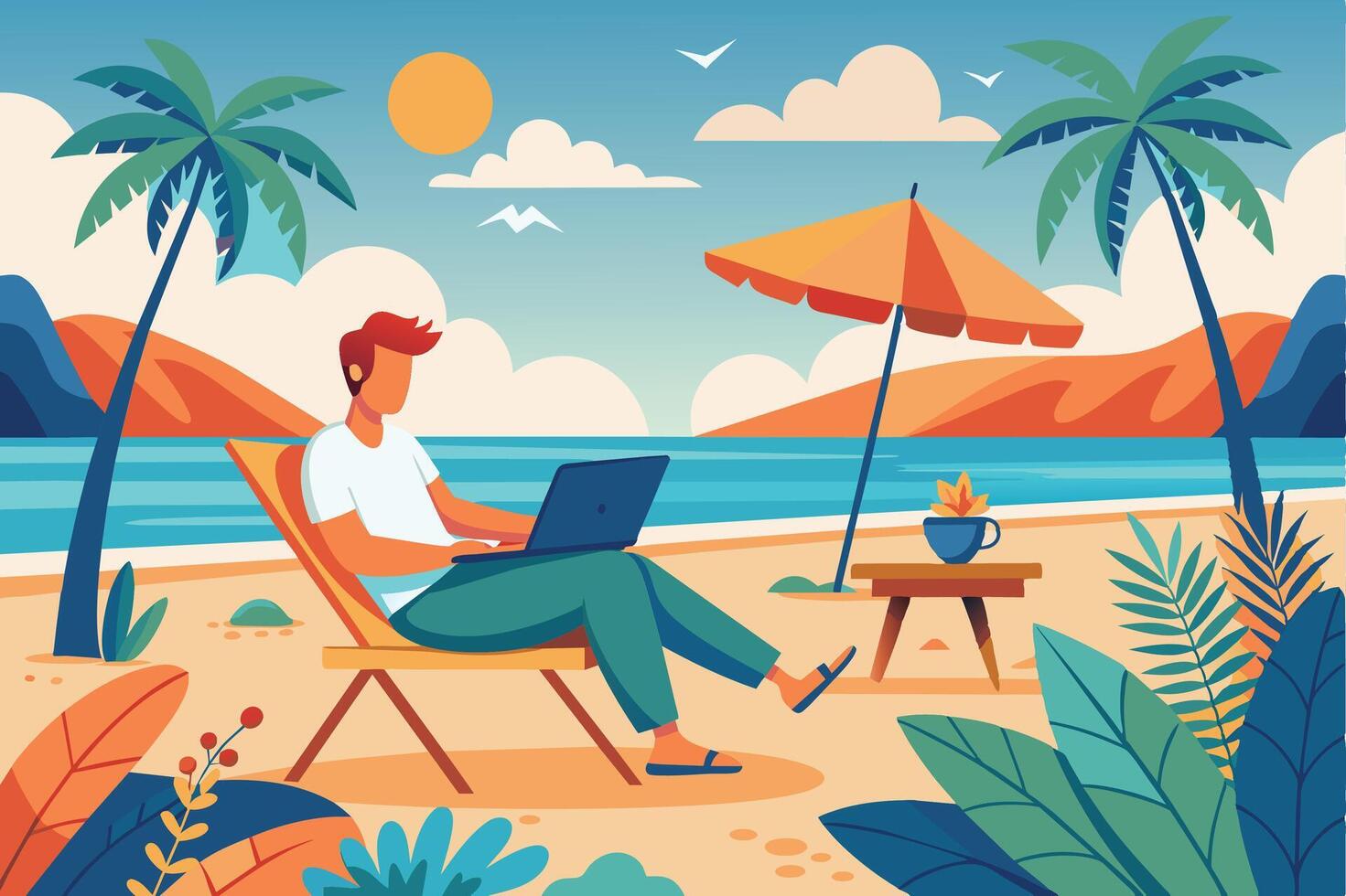 A man sits on a beach chair with a laptop in his lap, working while enjoying a tropical beach setting with palm trees, an umbrella, and a clear blue sky. vector