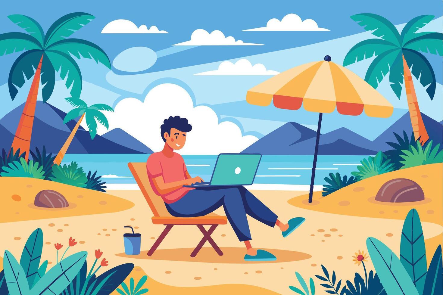A man sits in a chair on a sandy beach, working on a laptop under a beach umbrella. Palm trees and a blue ocean surround him. vector