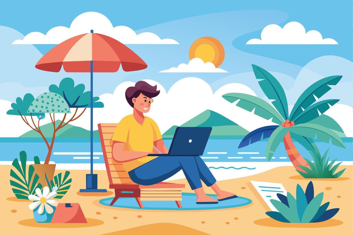 A man in yellow shirt and blue pants is on a beach chair with a laptop. Palm tree and red umbrella provide shade on clear blue sky and ocean. vector