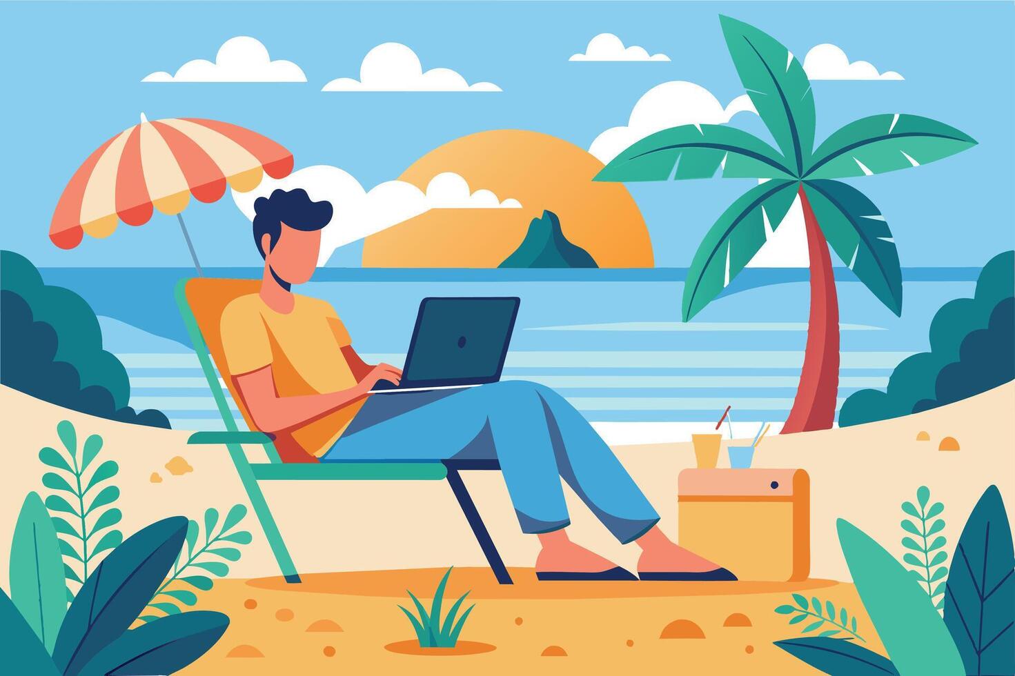 A man relaxes on a beach chair, working on his laptop under an umbrella. The sun is setting, creating a warm glow over the tropical beach scene. vector