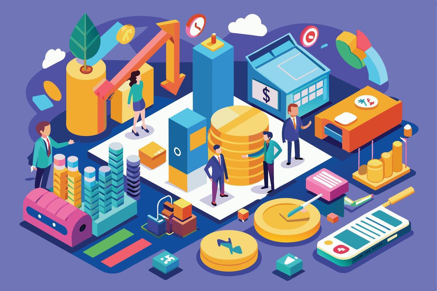 An isometric illustration shows business professionals analyzing financial data and growth strategies with charts, graphs, coins, and symbols of success. vector