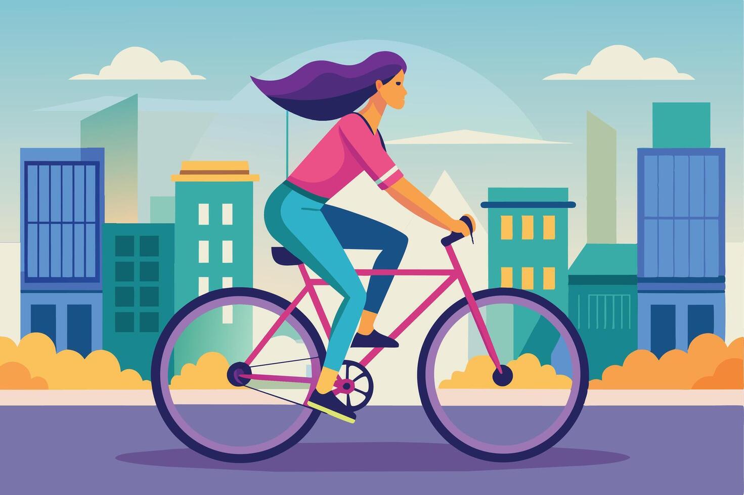 A woman rides a pink bicycle down a city street on a sunny day. Tall buildings are visible in the background. vector