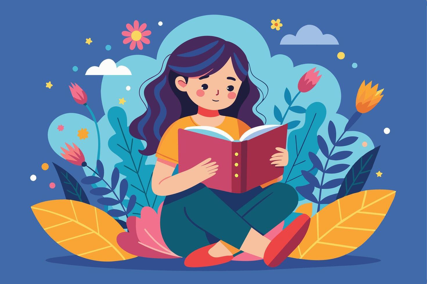 An illustration of a young woman sitting in a garden and reading a book. vector