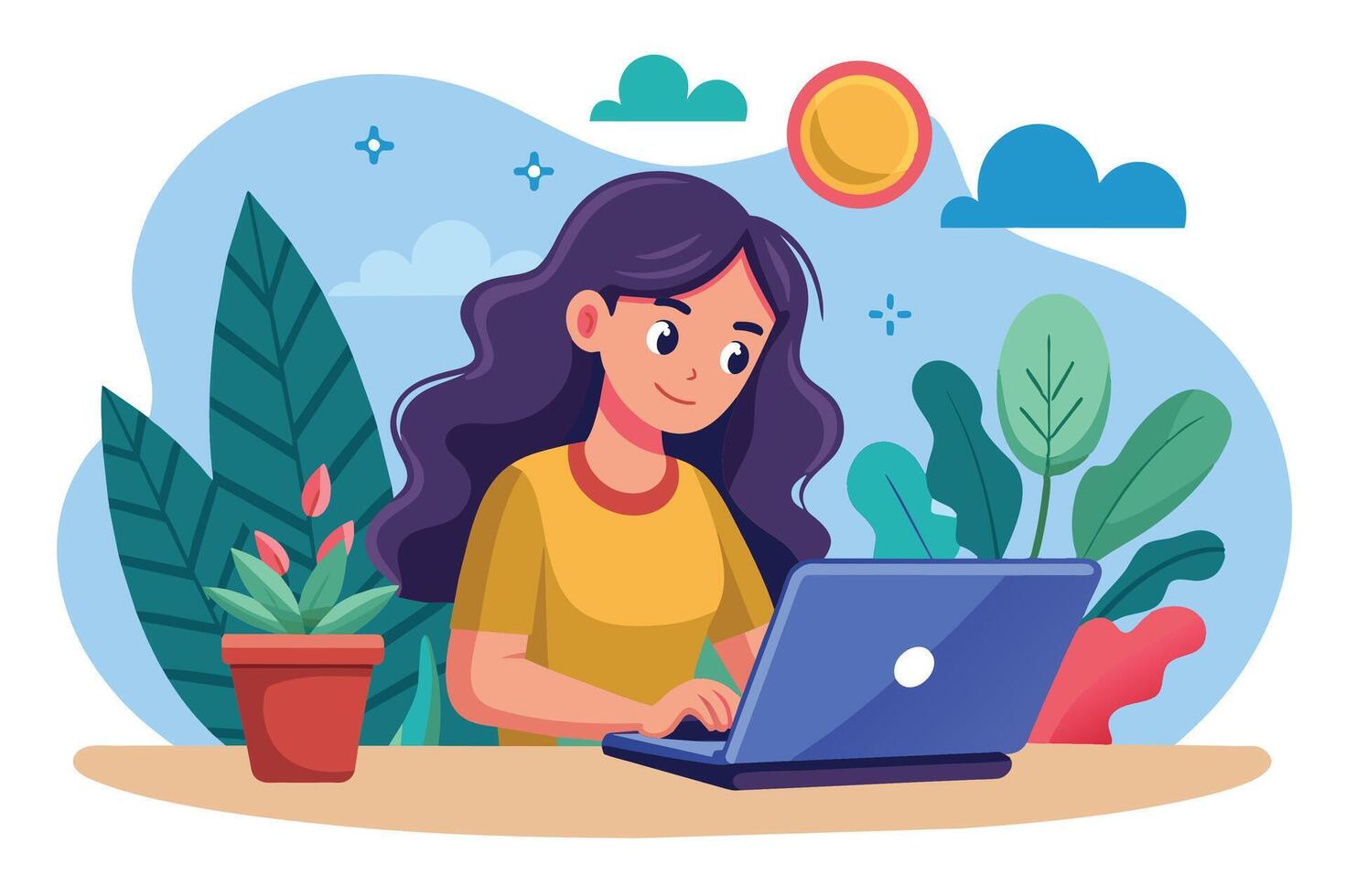 A woman with long dark hair sits at a table outside, typing on a laptop. The scene is sunny with blue sky and clouds, and greenery surrounding her. vector