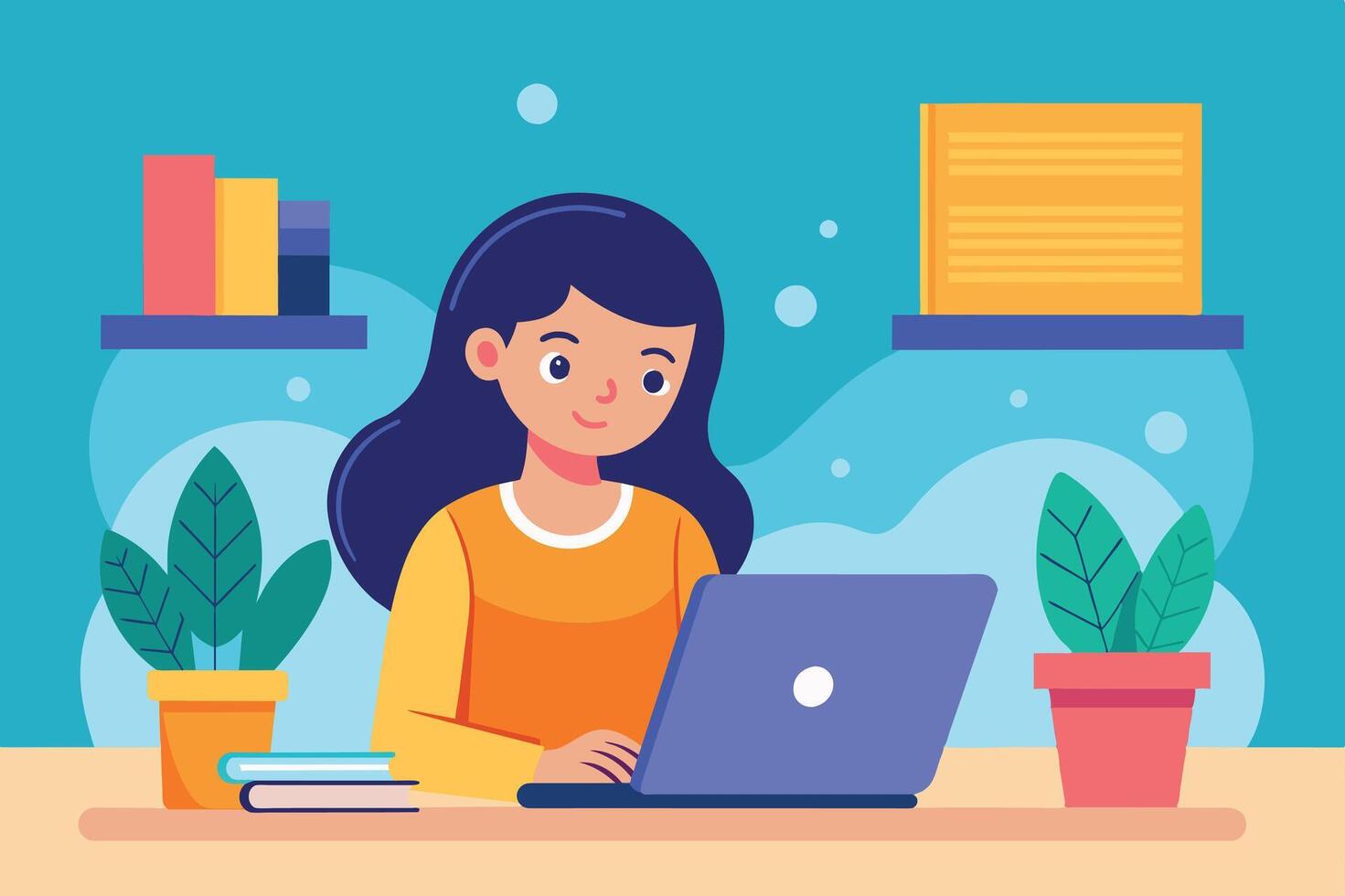 A woman sits at a desk with a laptop in front of her. She has books on a shelf behind her and plants beside her. vector