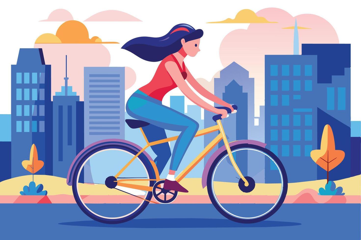 A young woman wearing a red shirt and blue jeans is riding a bicycle through a city on a bright sunny day. She is smiling as she rides, surrounded by skyscrapers and a blue sky. vector
