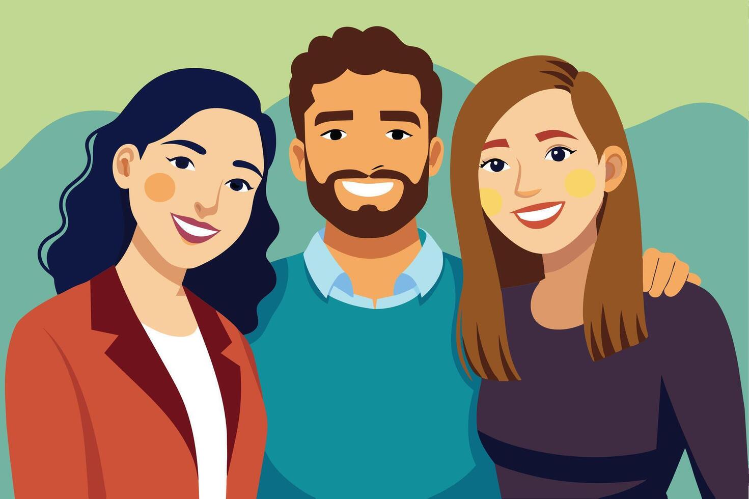 Three friends, a man and two women, pose together for a photo. They are all smiling and looking happy. vector
