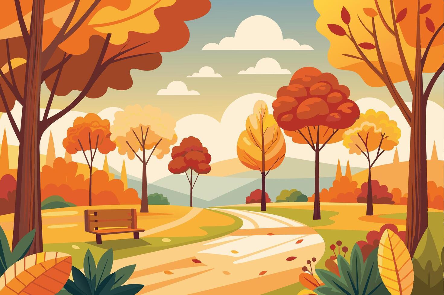 A scenic illustration of an autumn park scene with a winding path leading through colorful trees and a wooden bench. vector