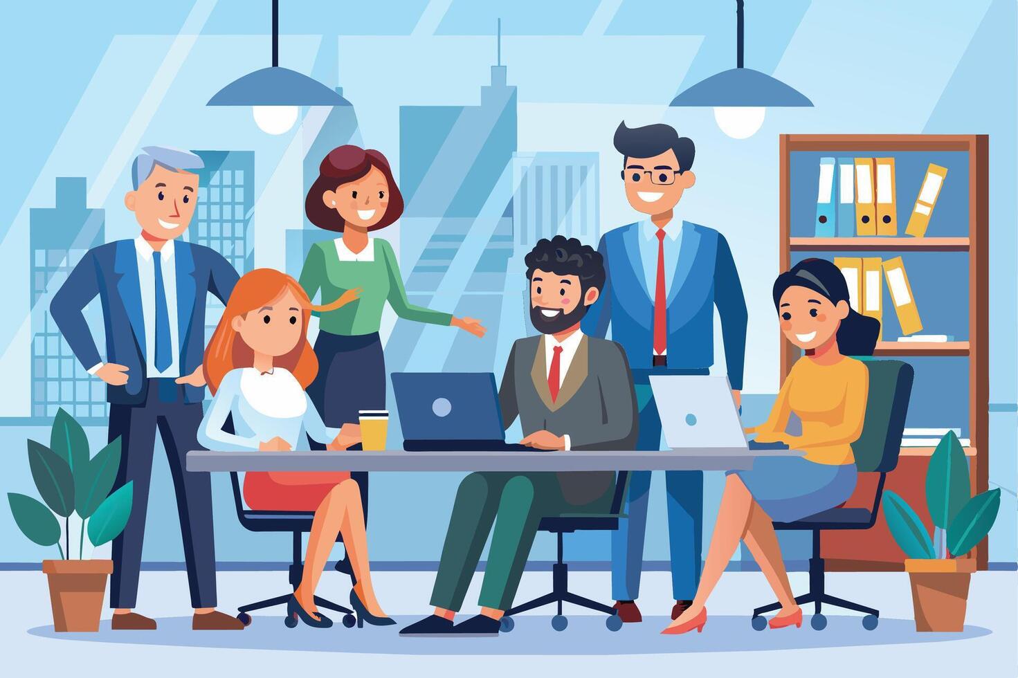 A group of diverse professionals working on laptops at a modern office desk. There is a man and woman standing behind the desk, while three other people are working at the desk. vector