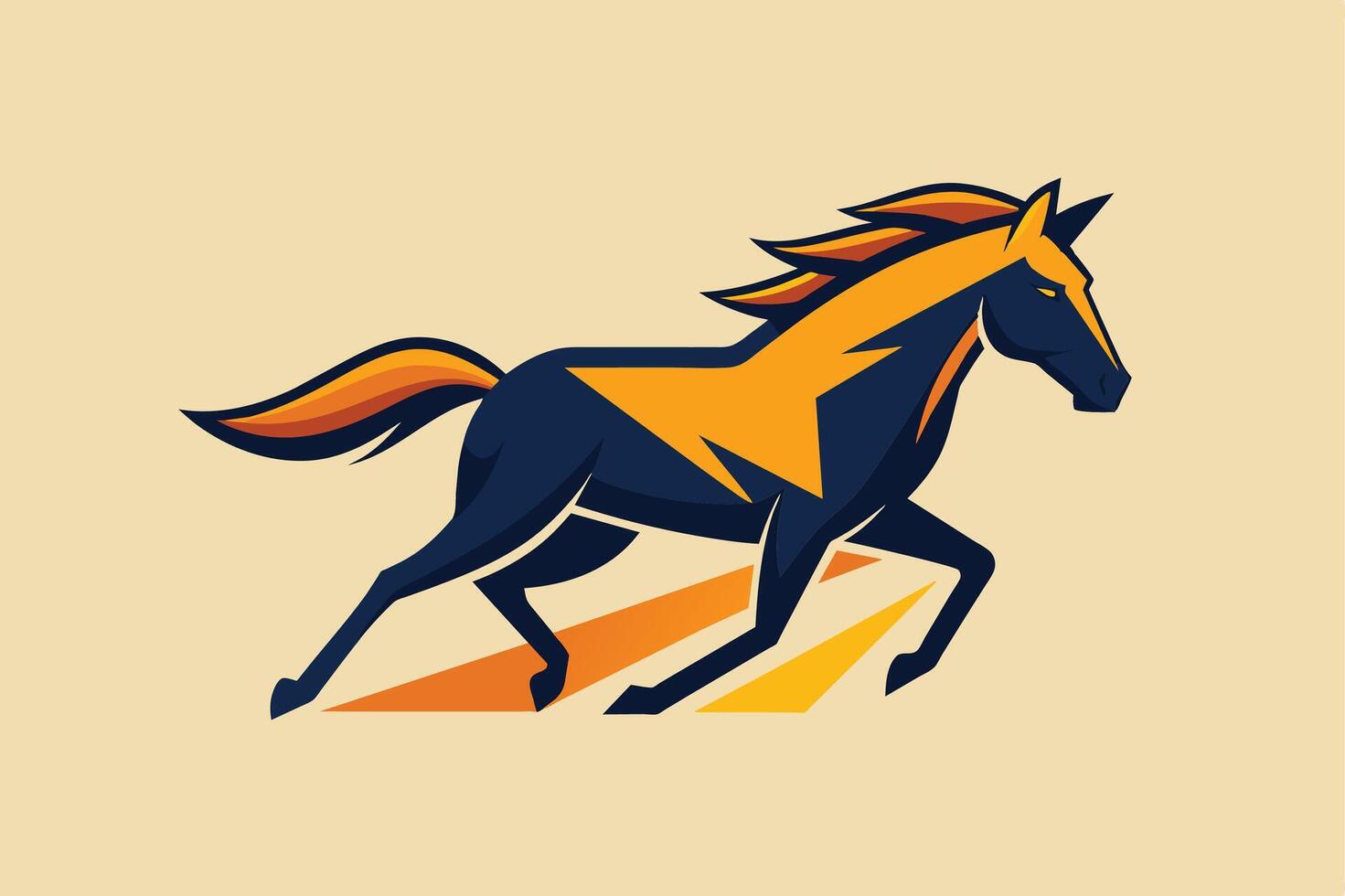 A stylized illustration of a horse running, with a predominantly blue body and orange mane, tail, and highlights. vector