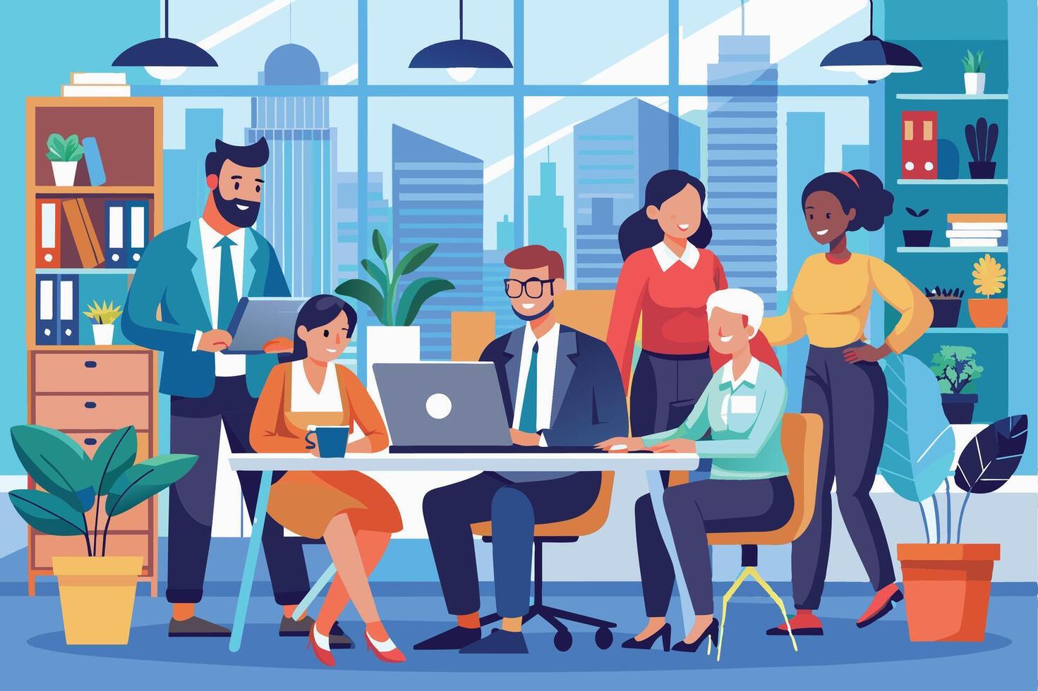 An illustration depicting a diverse team of colleagues collaborating in a modern office setting. The team members are engaged in a meeting, using a laptop and discussing ideas. vector
